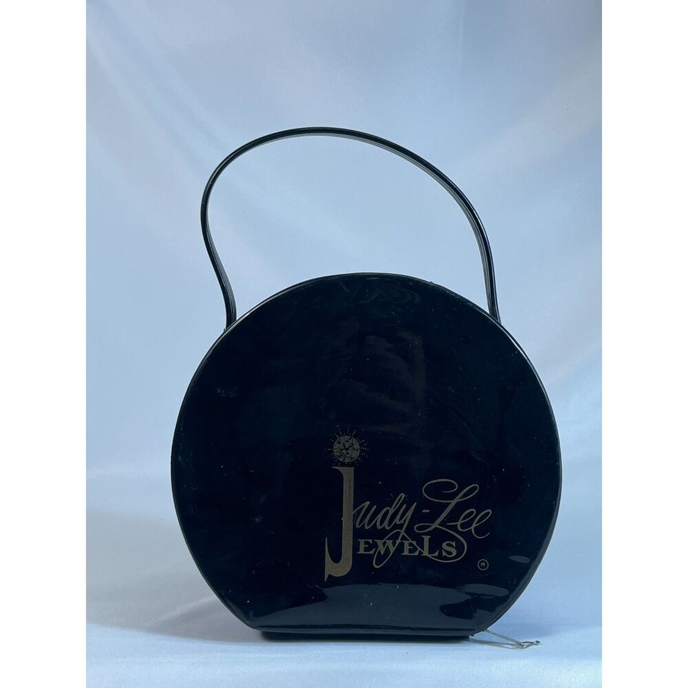 Vintage Judy Lee Jewels Black Patent Cosmetic Vanity Case Hat Box Mid Century